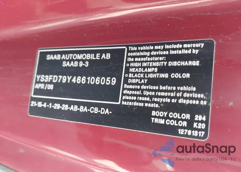 2006 Saab 9-3 2.0T from USA, damaged, VIN YS3FD79Y466106059